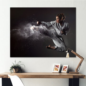 Karate Girl Mid Air Kick - Martial Arts Canvas Wall Art